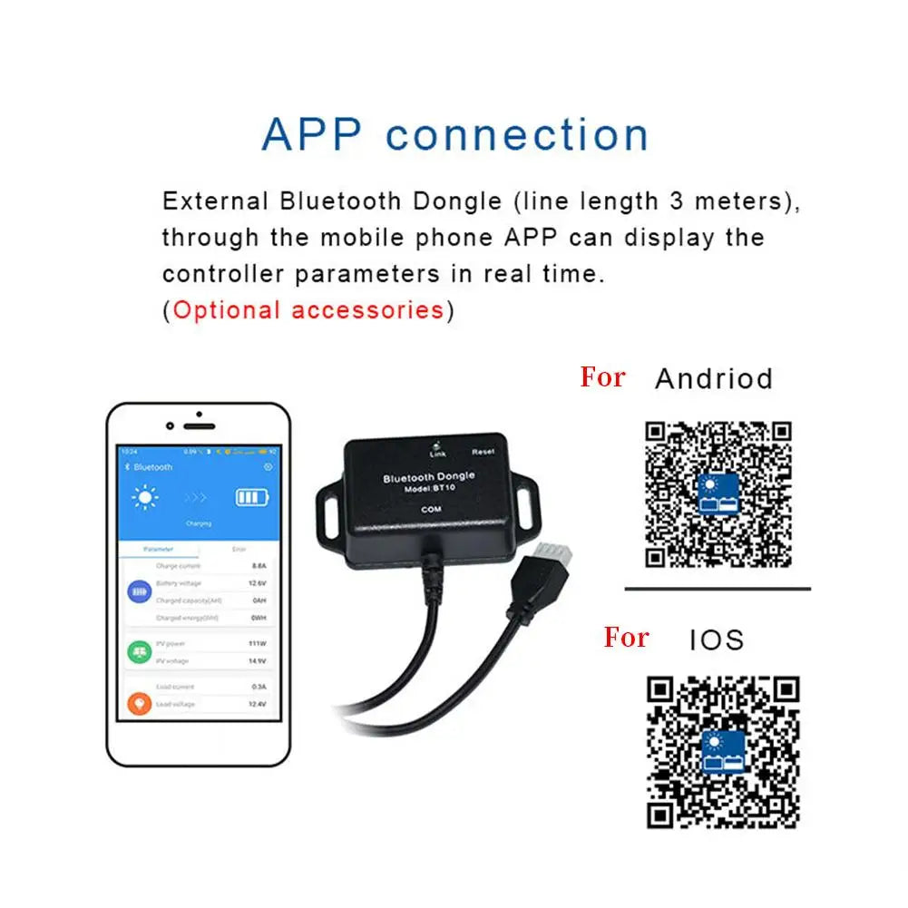 MPPT Solar Charge Controller, Bluetooth connector for monitoring controller parameters in real-time, compatible with Android and iOS devices.