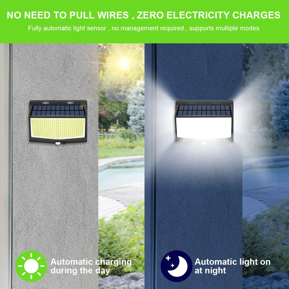 Solar-powered street lamp charges automatically, turns on at dusk and off at dawn, no wiring or maintenance needed.