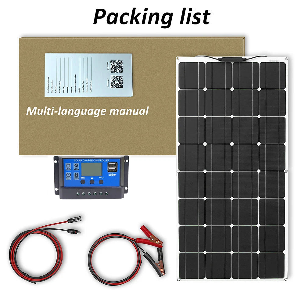 solar panel, Essential items for traveling abroad: manual, solar charger controller, and USB cable.