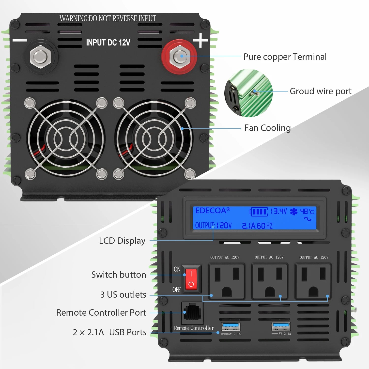 DC-AC power converter for off-grid solar systems, converting 12V DC to AC 110/120V, suitable for USA sockets.