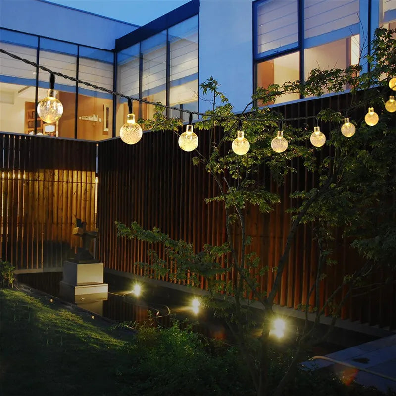 8 Modes Solar Light, Crystal ball solar lights with 8 modes and adjustable length (5-12m) for festive decor.