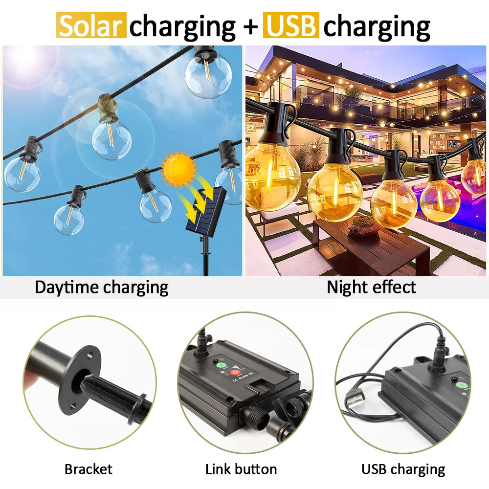 10M  20 LEDS  G40 Solar String Light, Wireless lantern charges via solar or USB, ideal for outdoor ambiance with linkable lights and adjustable brackets.