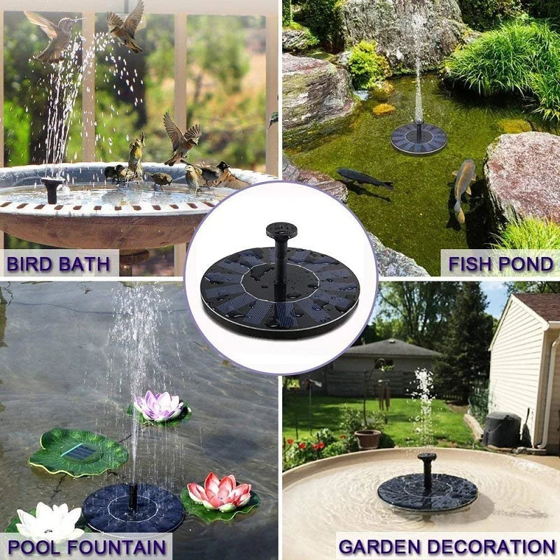 Mini Solar Water Fountain, Compact solar-powered water fountain for outdoor bird baths or ponds, featuring a floating design and soothing water flow.