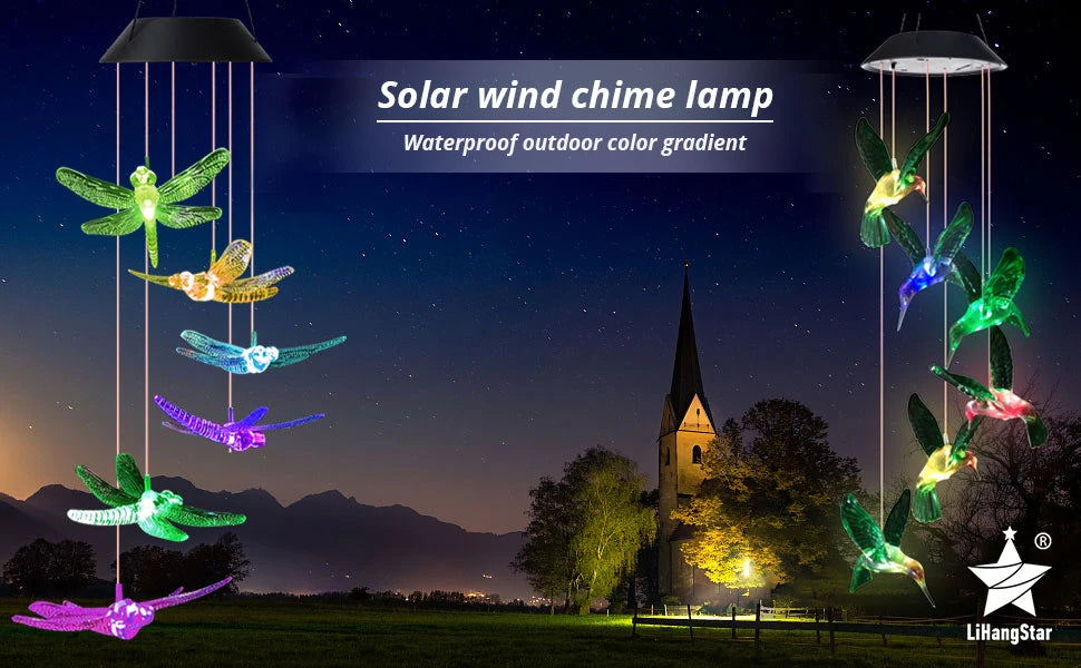 Solar-powered wind chime with waterproof design and color-changing lamp for outdoor use in courtyards or gardens.