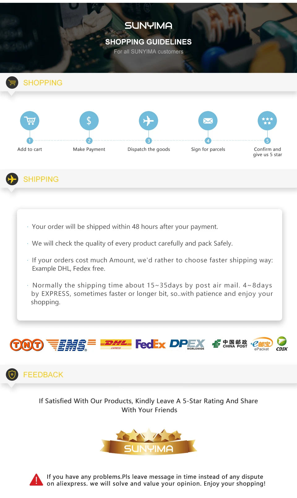 SUNYIMA 10PCS 2V 5V 6V 50*50 80*80 Solar Panel, Order processing, shipping times, and customer service guidelines for SUNYIMA customers.