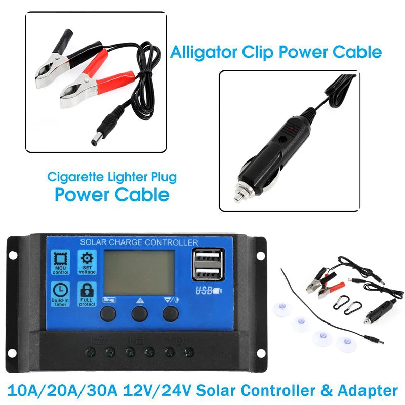 50W Solar Panel, Solar charge controller with alligator clips and USB output for charging devices.