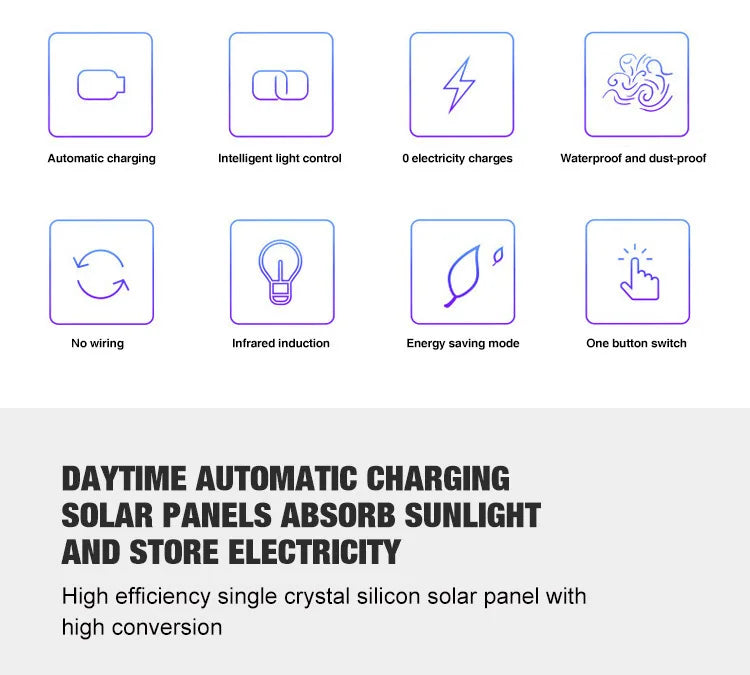 Solar Light, Intelligent light with auto-charge, waterproof, energy-efficient, and simple one-button operation.