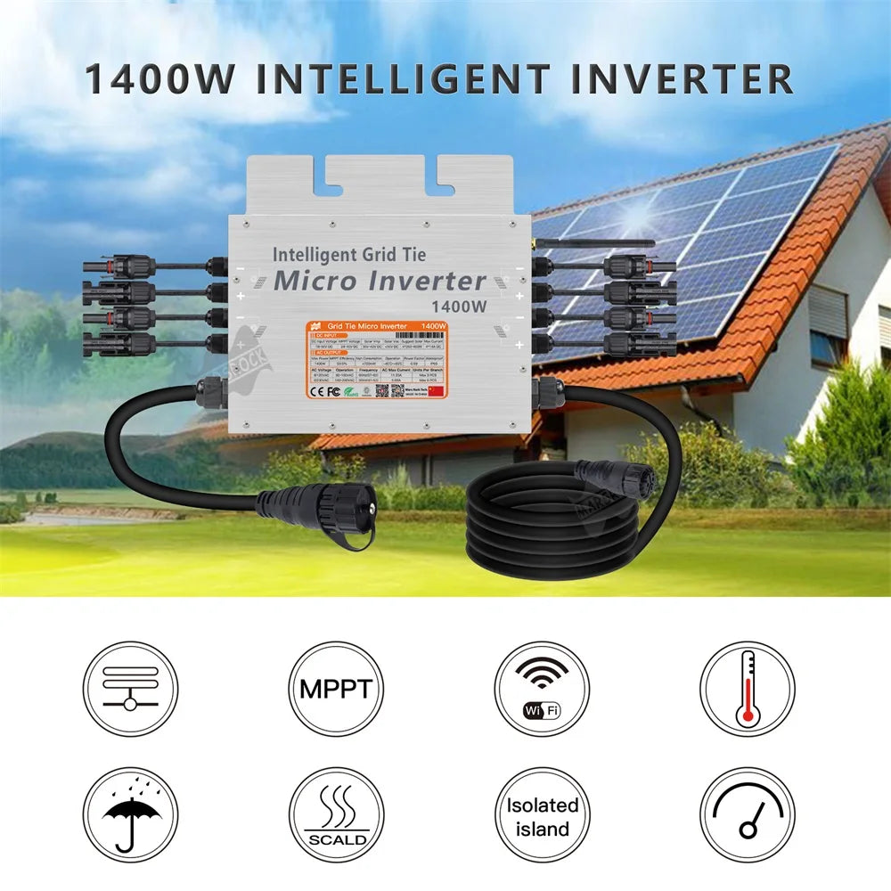 1400W IP65 Solar Grid Tie Micro Inverter, Micro inverter for 350W solar panels with 1400W power output, waterproof rating, and dual MPPT tracking.