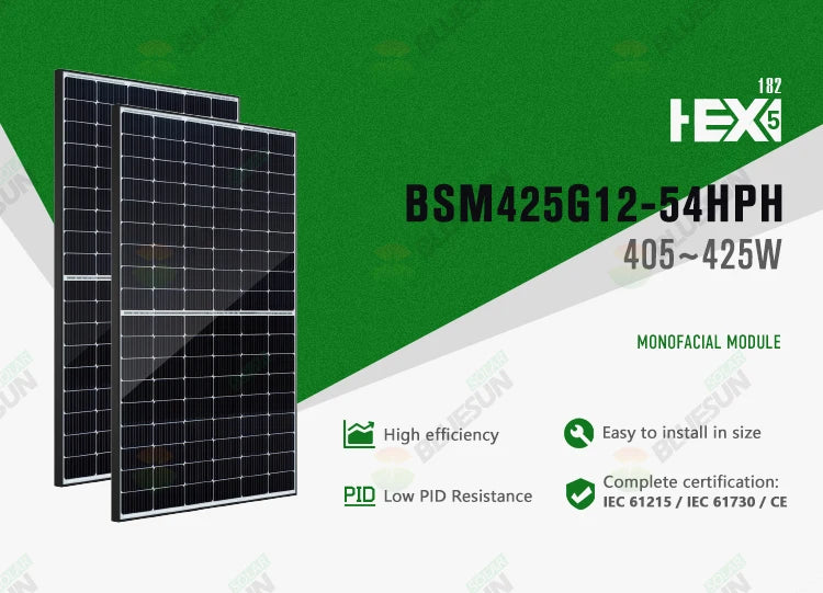 425W Solar Panel, High-efficiency solar module with low PID resistance, certified to IEC 61215 and 61730 standards, offering 405-425W power output.