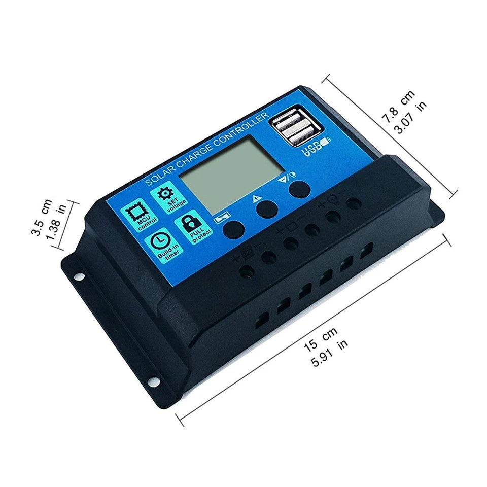 Solar charge and discharge controller with dual USB ports for charging devices on the go.