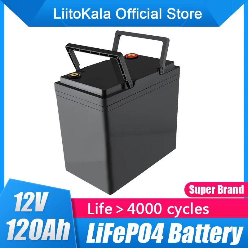 LiitoKala 12V 120Ah LiFePO4 battery for outdoor use, 4000 cycle lifespan.