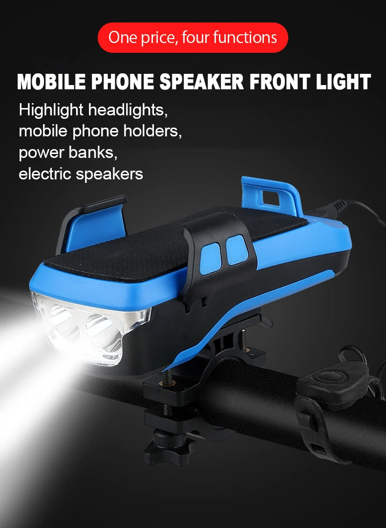 5 IN 1 Led Bicycle Light, Multi-functional device with four features: light, phone holder, solar-powered charger, and Bluetooth speaker.