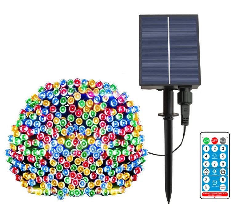 Smart solar-powered LED light strip with dimming and timing functions, IP65 waterproof rating.
