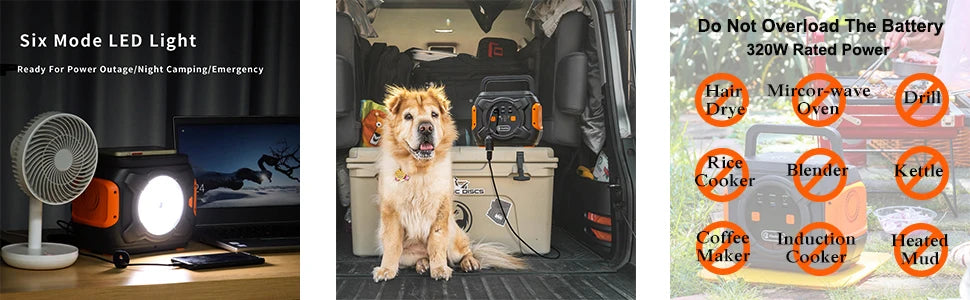 Portable solar power station with 320W and 292Wh battery pack for emergency power, camping, or RV use.