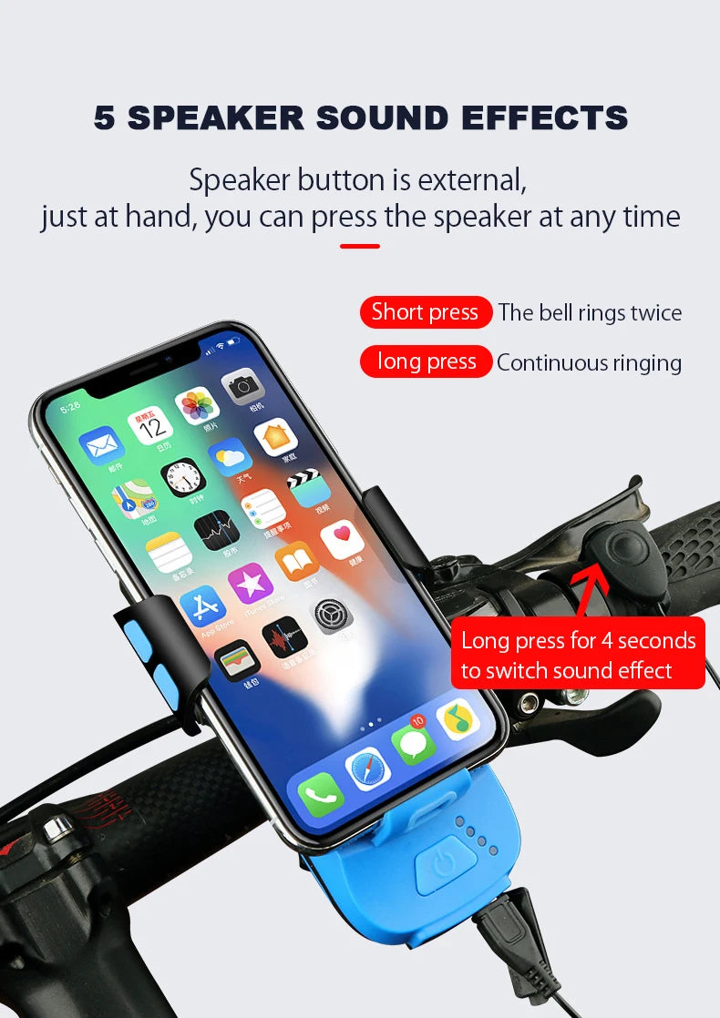5 IN 1 Led Bicycle Light, Bicycle light with 6 sound effects: ring tone or various sounds with short/long presses.