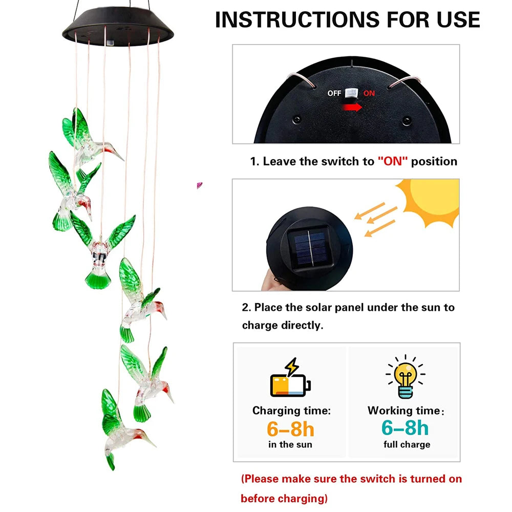 Activate and recharge solar-powered lamp by setting switch to 'ON', then charge under sunlight for 6-8 hours.