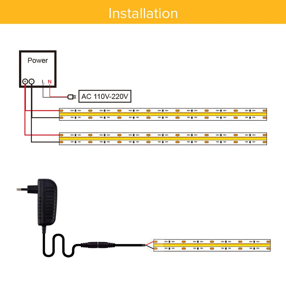 UL Listed COB LED Strip Light, Power supply options: DC 12V or 24V; compatible with AC 110V-220V applications.