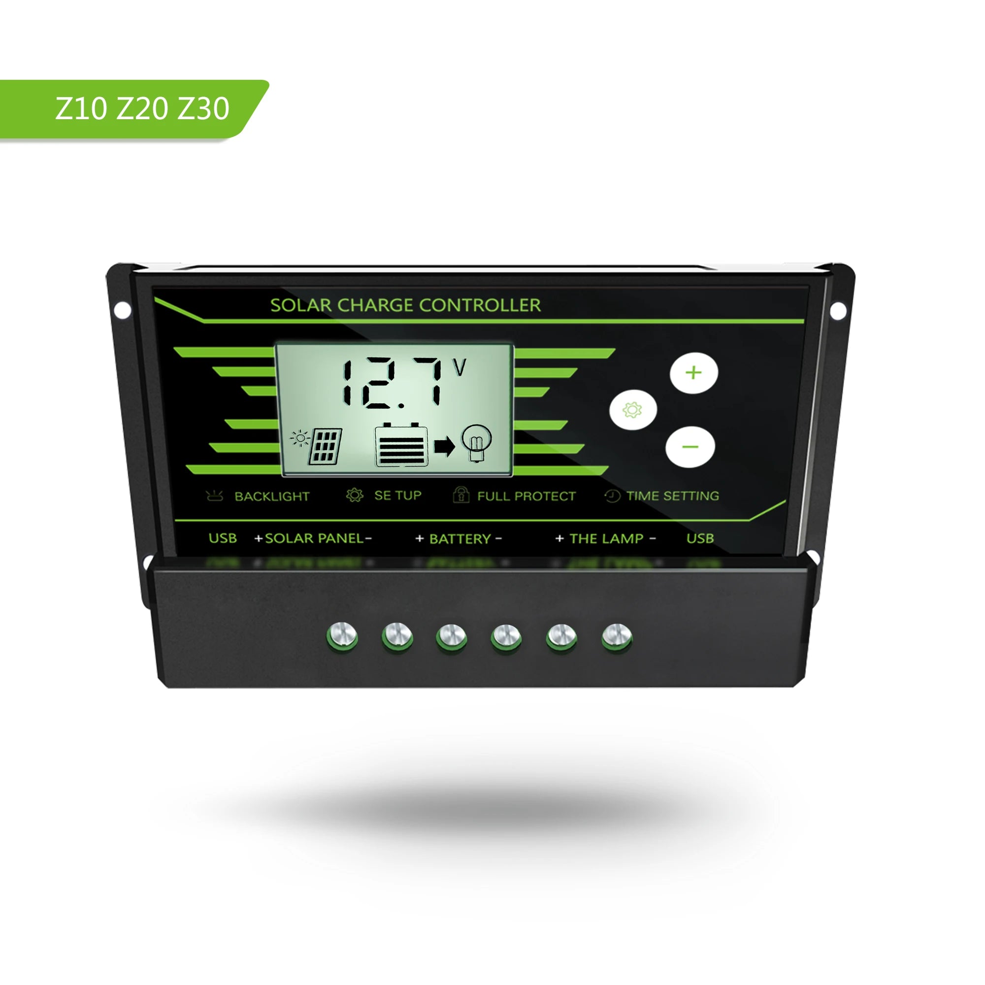 Solar charge controllers with backlight settings, protection, and USB output for charging devices and powering lamps.