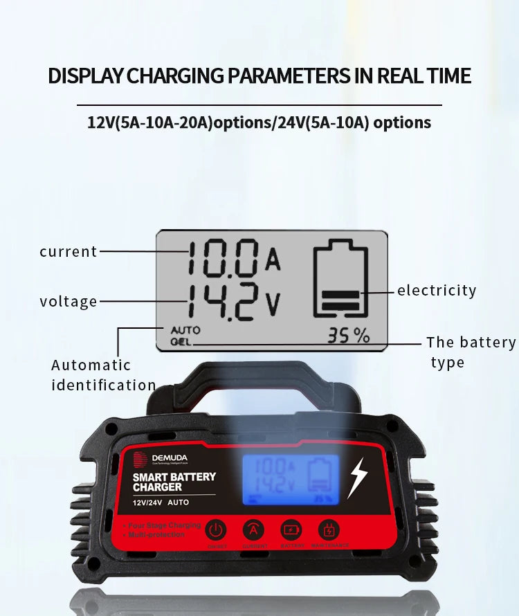 Jingyang 12V 100Ah 200Ah Lithium LiFePO4 Battery, Real-time monitoring of charging parameters and auto-type identification for smart battery charging in demo mode.