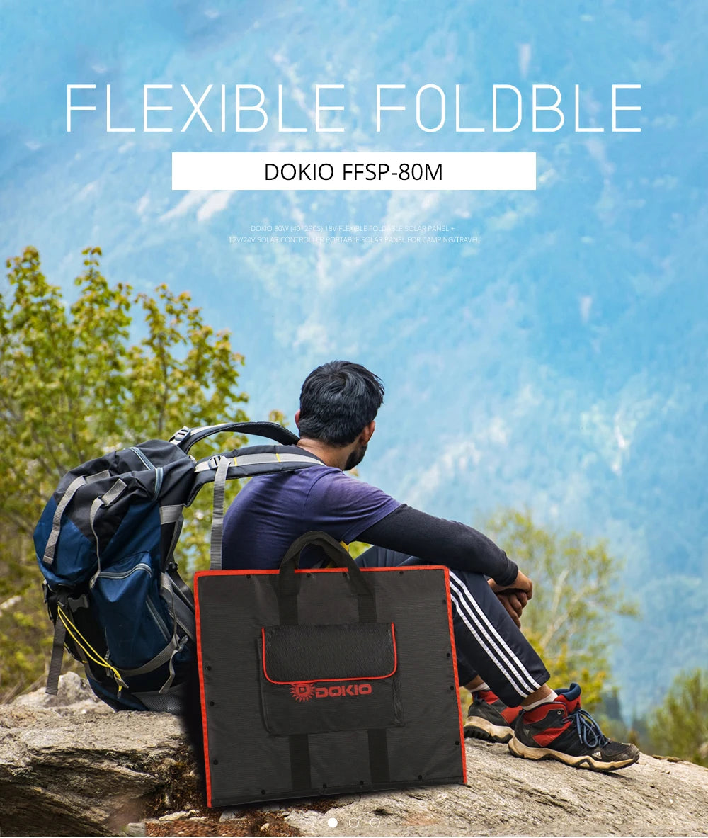 Dokio Flexible Foldable Solar Panel, Portable solar panel kit for charging on-the-go, suitable for camping, adventure, or remote work.