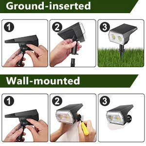 48 LEDs Solar Light, Test solar spotlight before installation by covering panel and pressing button to ensure it turns on.