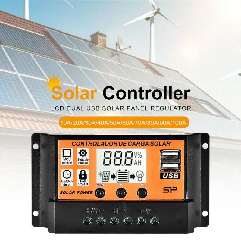MPPT Solar Charge Controller, MPPT Solar Charger Controller with LCD display and dual USB ports regulates solar power for battery charging.