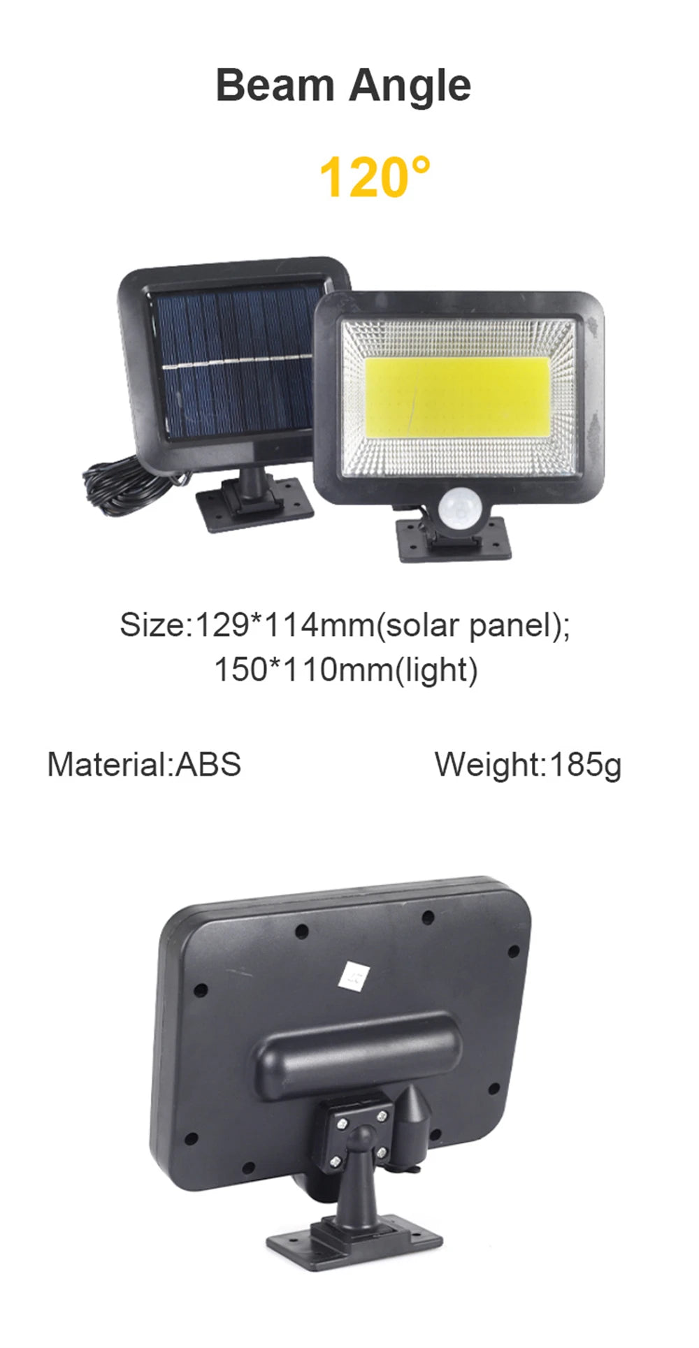 COB LED Solar Powered Light, Compact solar panel and light unit made from ABS plastic, weighing 185g.