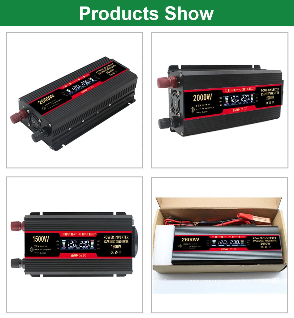 Solar Inverter: Modified sine wave converter with LCD display, USB ports, and car adapter.