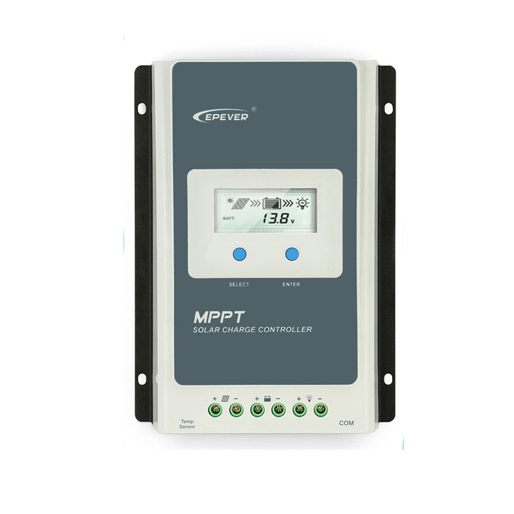 EPever MPPT Solar Charger Controller, High-efficiency solar charge controller for lead-acid and lithium batteries with temp sensing and LCD display.