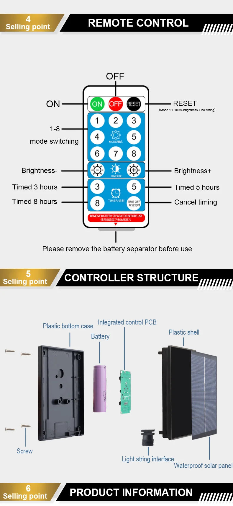 Smart LED remote control with solar power, timers, and adjustability for outdoor lighting.