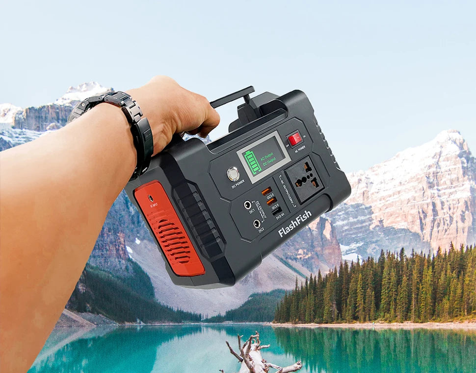 FF Flashfish E200, Rechargeable power station charges via solar panel, wall adapter, or car charger.