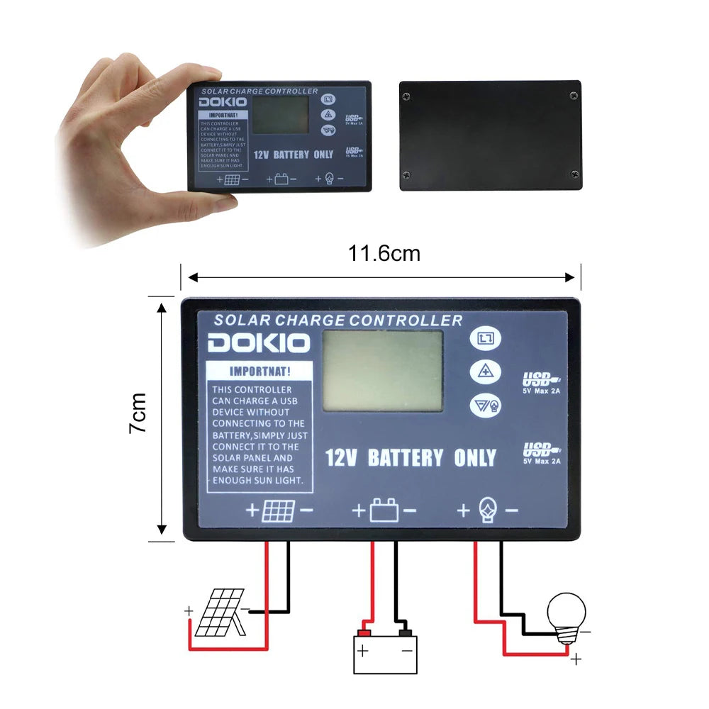 Dokio Flexible Foldable Solar Panel, Solar Charge Controller charges USB devices directly from solar panel, maximum 24A, needs sufficient sunlight.