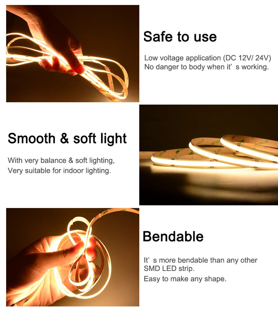 UL Listed COB LED Strip Light, COB LED strip: safe, easy to use, low voltage, flexible, and soft light ideal for indoor designs.