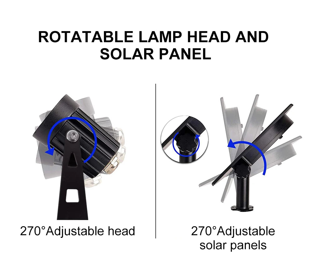 1 TO 4 RGB Outdoor Solar Landscape Light, Rotatable lamp head adjusts to 270°; solar panel also adjustable for optimal charging.