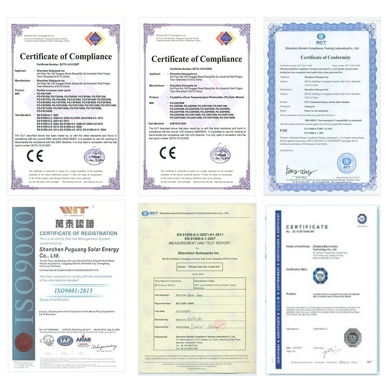 10W Rigid Solar Panel, Certificate confirming international safety standards met, including CE and AB accreditations.