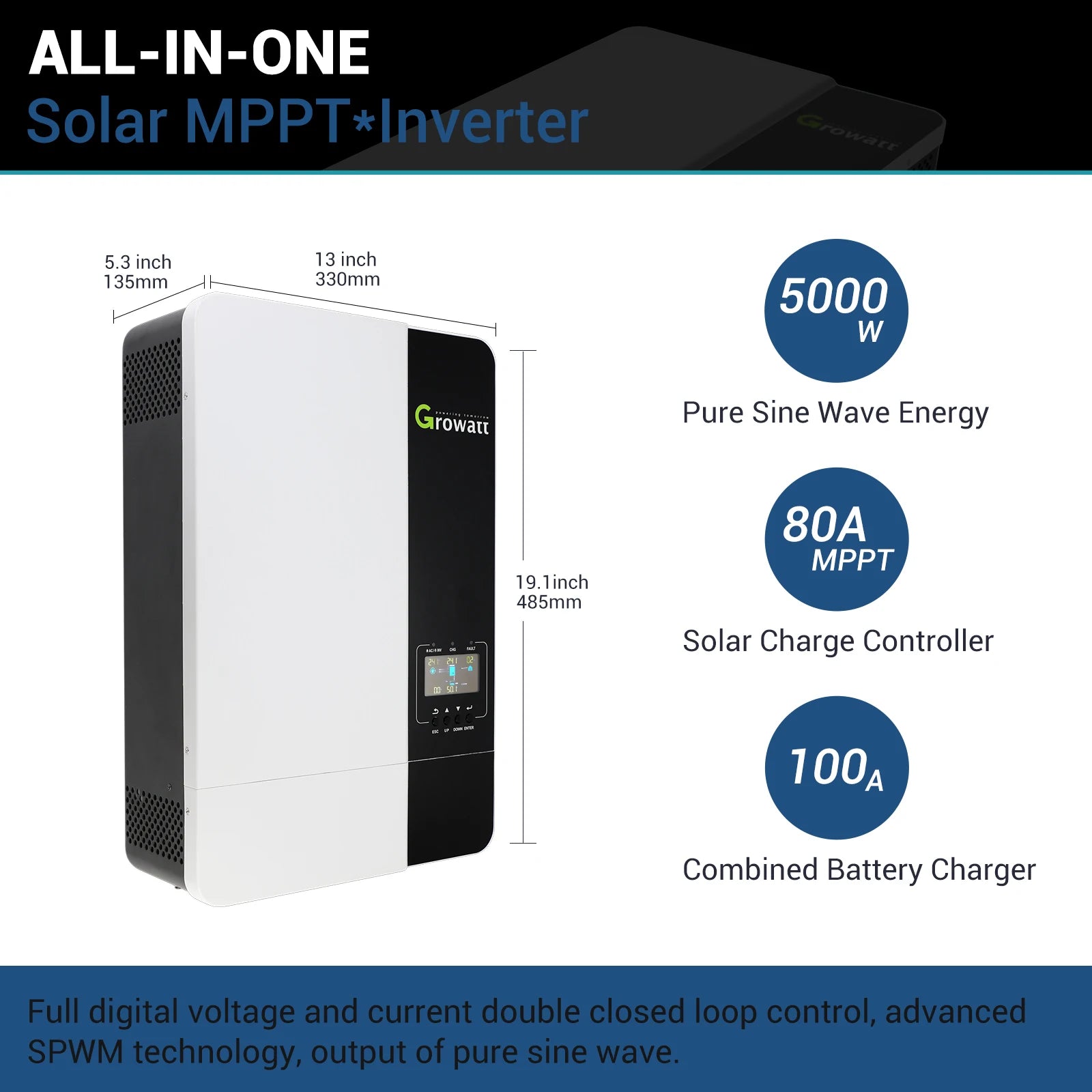 Advanced solar inverter with display, pure sine wave energy, and MPPT technology for off-grid systems up to 5000W.