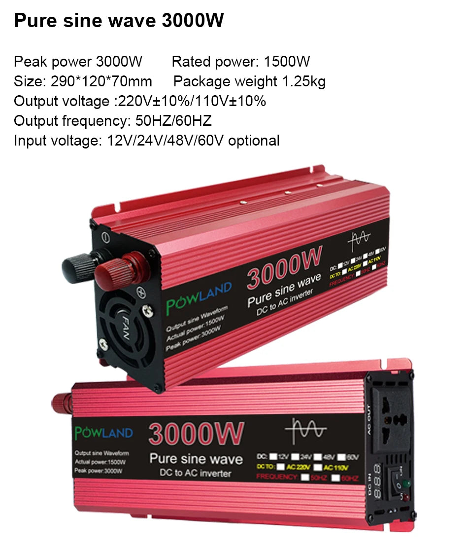 Pure sine wave inverter with 3000W peak/1500W rated power, ideal for solar power and off-grid use.