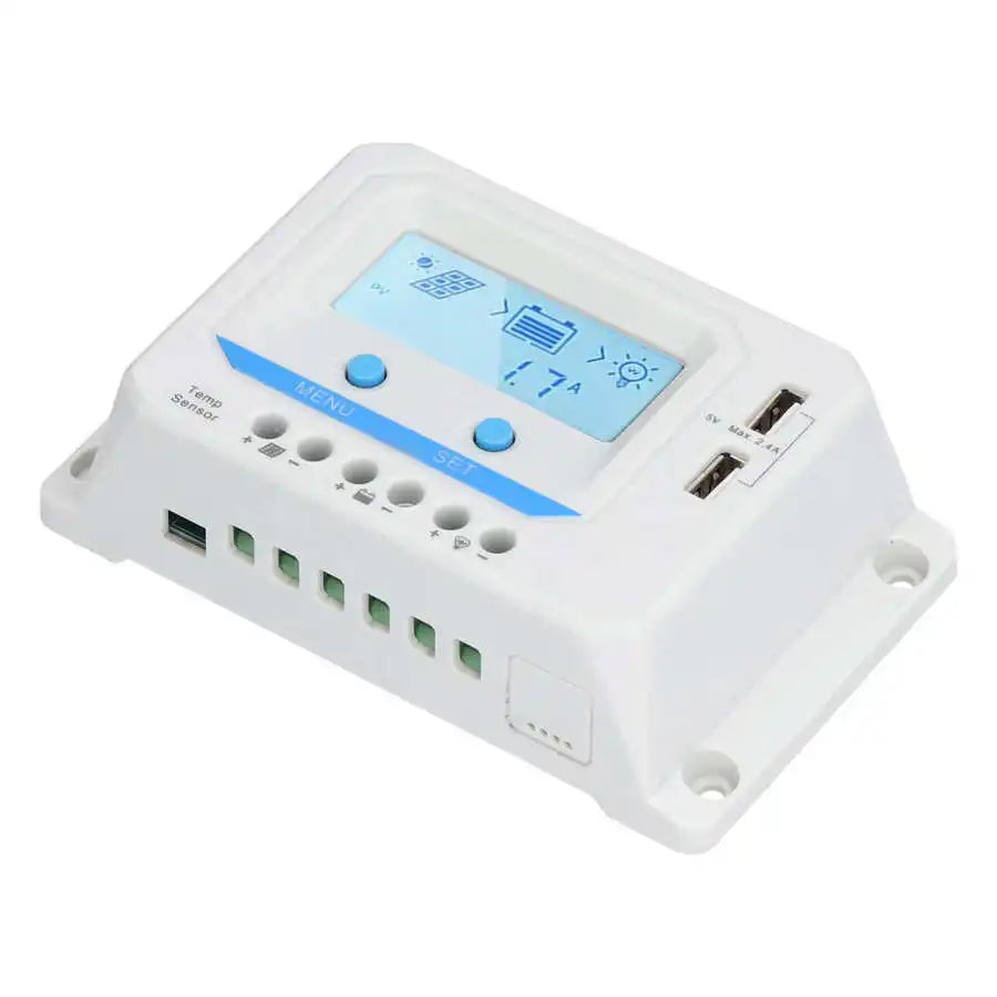 DC 12V 24V Solar Charge Controller, DC solar charge controller with LCD screen, regulates 12V/24V charging, features 3-level PWM and protects traffic lights.