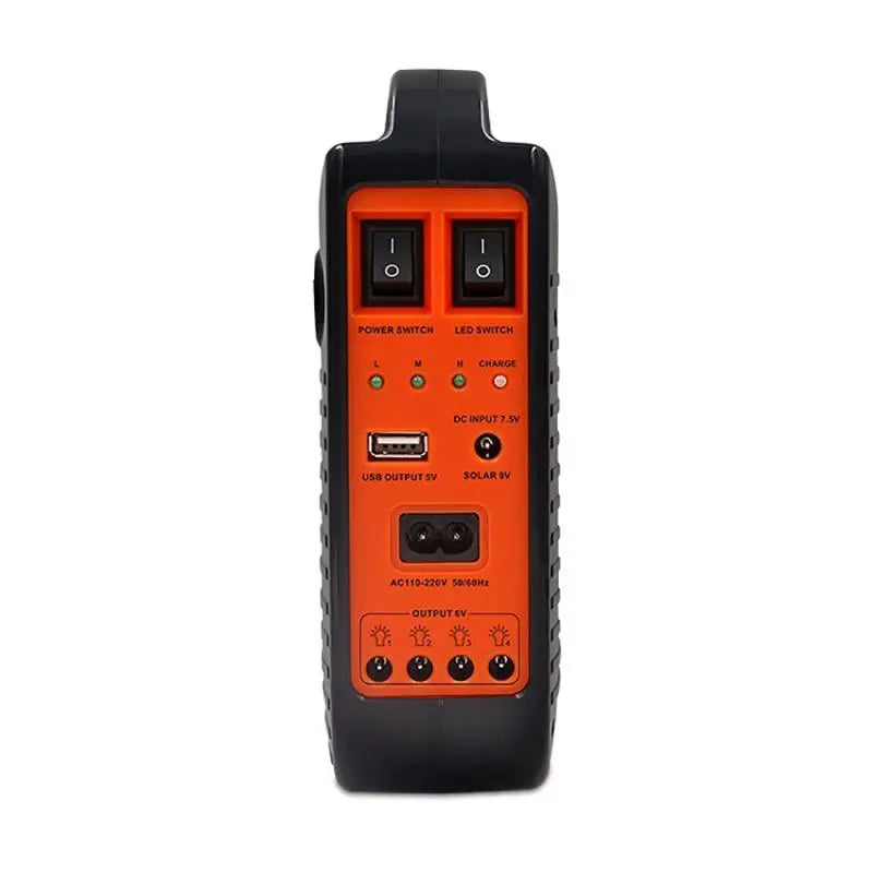 Solar-powered charger kit with USB port, FM radio, and LED lights for camping and off-grid emergencies.