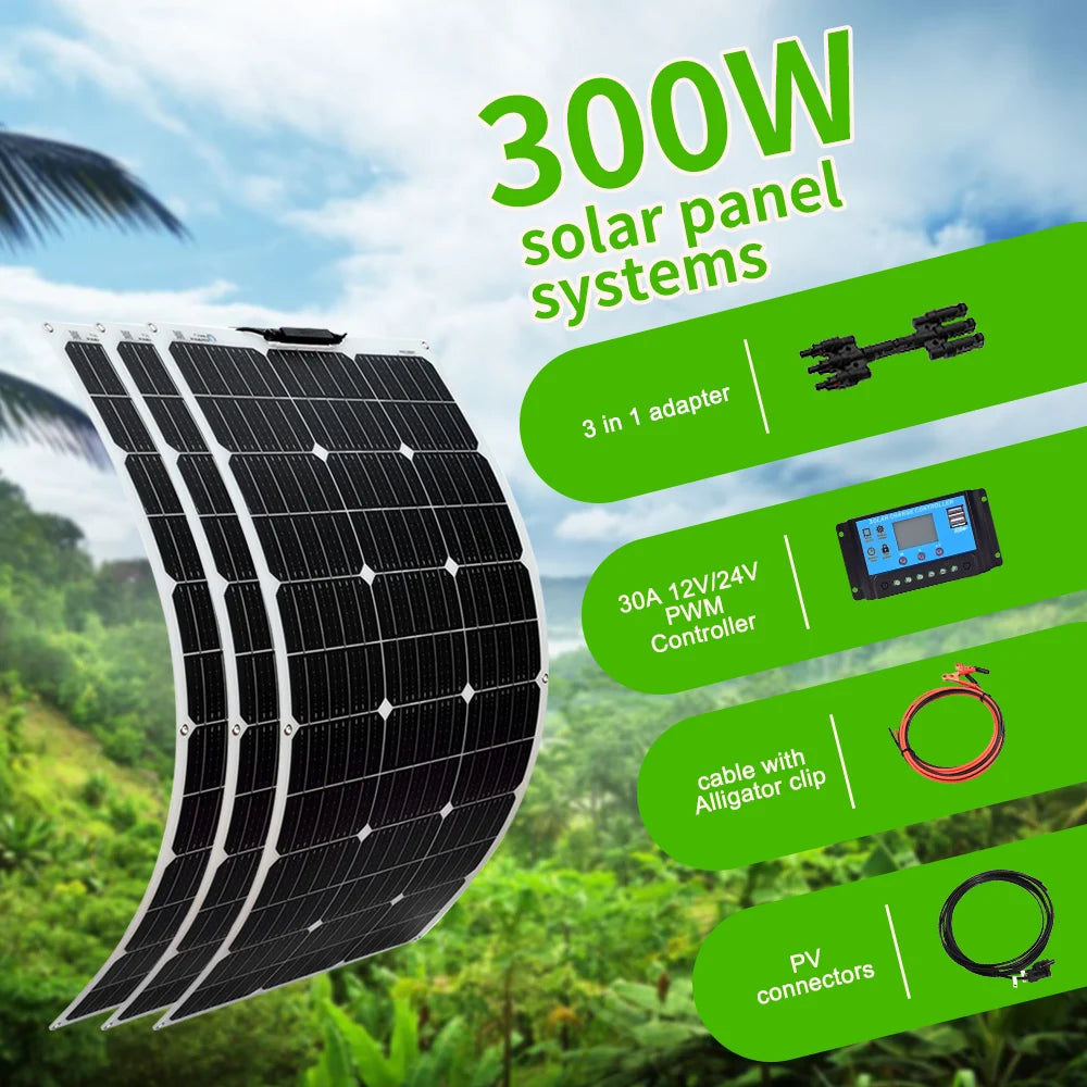 Flexible Solar Panel, Compact solar kit with controller, cables, and adjustable PV panel for flexible power output.