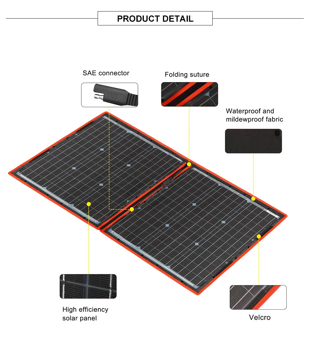 Dokio Flexible Foldable Solar Panel, Waterproof and mildew-resistant features with Velcro closure, solar panel, and SAE connector for easy charging.