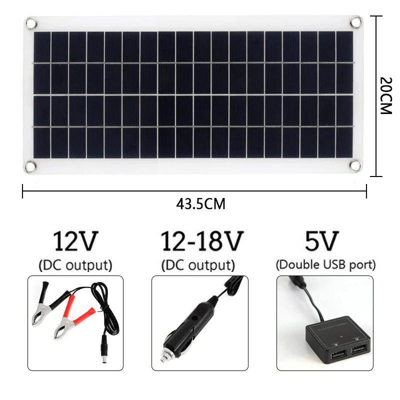 100W Solar Panel, Solar power kit for charging car, yacht, or RV batteries with dual panels and multiple outputs.