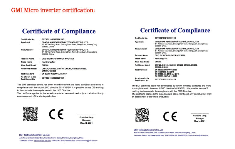 GMI Micro Inverter certified to international standards: CE, FCC, RoHS, EN 50438, and IEC 62116-1.