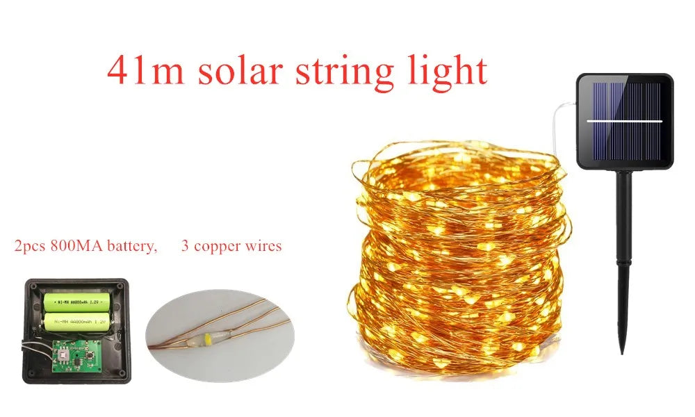 Outdoor solar string lights kit with 2 pieces, 4LM power, batteries, and copper wires for easy installation.
