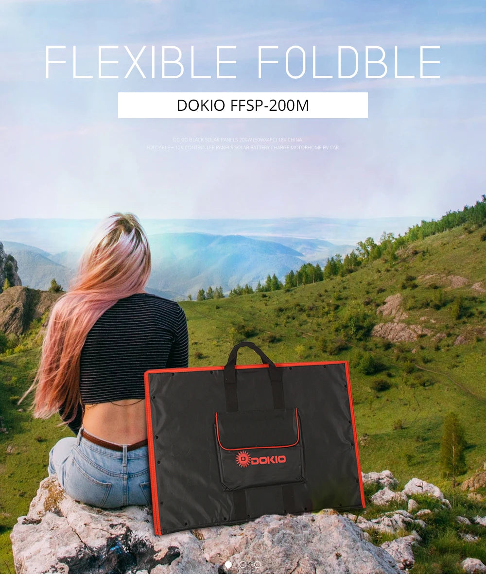 Dokio Flexible Foldable Solar Panel, Portable solar panel for travel, phones, and boats with high efficiency.