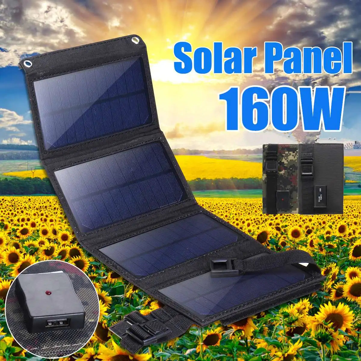 160W Foldable Solar Panel, Perfect for outdoor adventures, emergencies, or work, this solar charger keeps your devices powered up.
