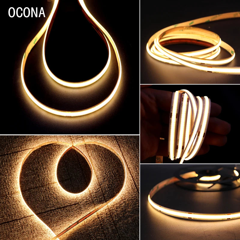 High Brightness COB LED Strip Light, Easy-to-mount self-adhesive tape with durable lighting and high color rendition (CRI) for optimal visibility.