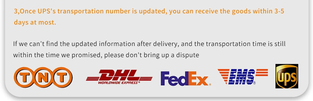 Updated UPS shipping info ensures 3-5 day delivery; no disputes for timely arrivals.