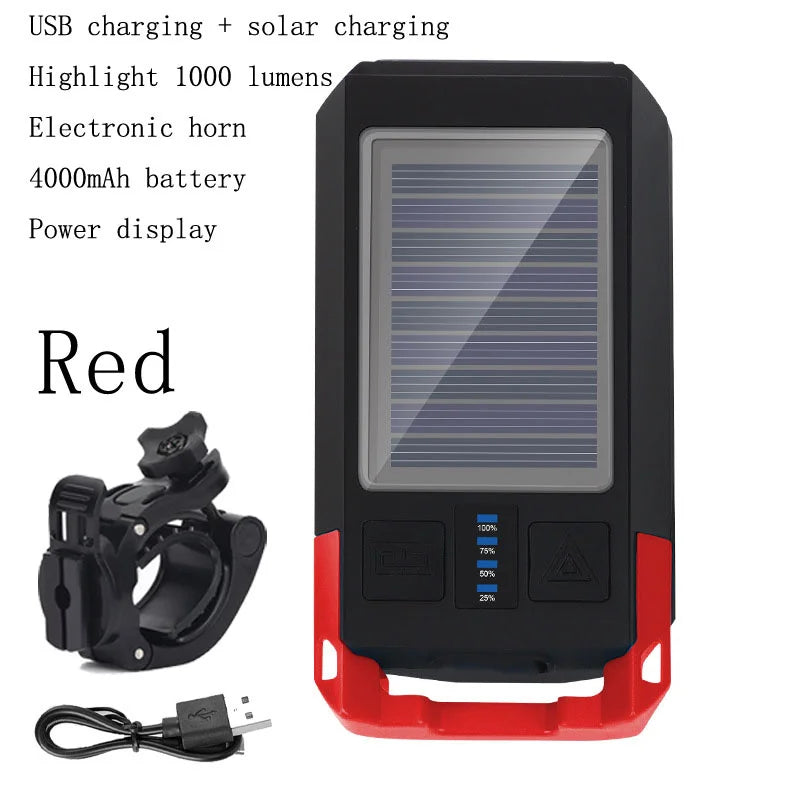 3 IN 1 LED Bike Light, USB or solar-powered rechargeable bike light with 1000-lumens and electronic horn.