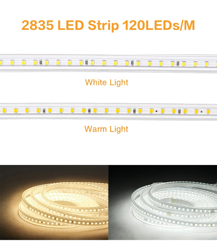 220V Waterproof LED Strip Light, Waterproof LED strip light for indoor/outdoor use, featuring 120 LEDs per meter for bright illumination.